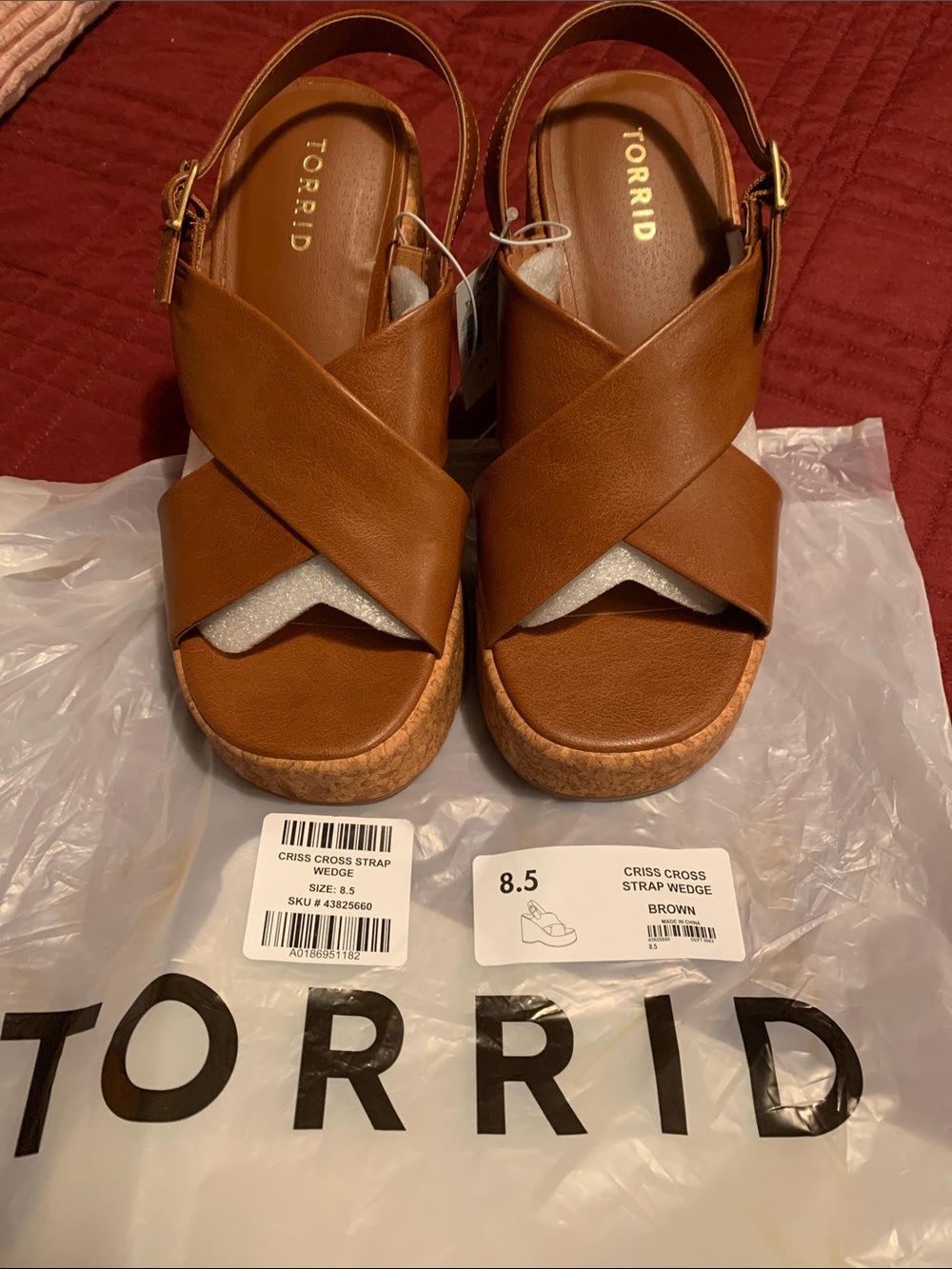 Torrid 8.5 wide Cognac Crisscross Strap Wedge Sandals